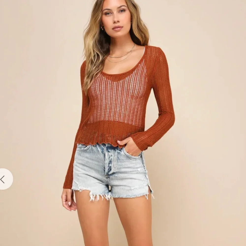 Lulus Weekend Layers Rust Brown Loose Crochet Knit Sweater Top Size S - Picture 5 of 7